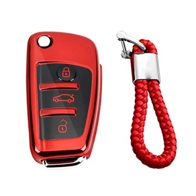 Immagine di M.JVisun Morbido TPU Chiave Auto Protettiva Custodie Cover per Audi A1 A3 A4 A6 A8 Quattro Q2 Q3 Q7 R8 RS3 RS6 S3 S6 TT TTS Lucido Rosso Intrecciato Portachiavi