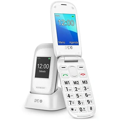 Immagine di SPC Harmony Telefono cellulare con chiusura per anziani numeri e lettere grandi, pulsante SOS, 3 memorie dirette, base di caricamento, Bianco