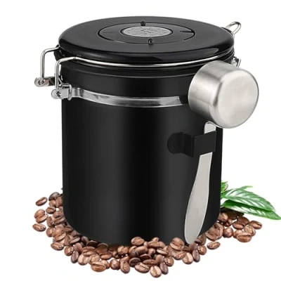 Immagine di Barattolo Caffe (1,5L), Contenitore Ermetico caffè, Dotato di cucchiaio, in acciaio inox per mantenere gli alimenti freschi, adatto conservare chicchi spezie e frutta secca (nero)