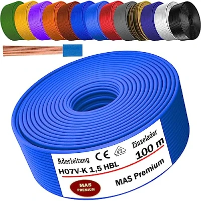 Immagine di MAS Premium Cavo flessibile da 5 a 100 m H07 V K 1 x 1,5 mm² SW, HBL, GNGE, GN, RT, DBL, BR, OR, GR, WS, VIO, U MAR.BL o GE (azzurro, m)