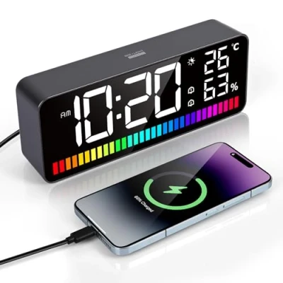 Immagine di Gerbala Sveglia da Comodino, Digitale con Temperatura, Snooze, 2 Allarmi, 5 Livelli di Luminosità, Luce RGB 15 Colori, Controllo Vocale, USB Ricaricare, 12/24 Ore (Nero)