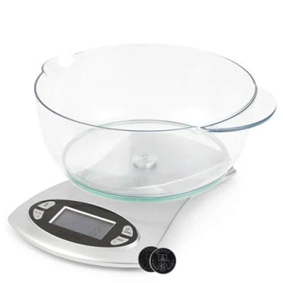 Immagine di Salter 1069 SVDR Bilancia elettronica da cucina, recipiente rimovibile per lavastoviglie 1,8 L, pratico schermo LCD, display con orologio, timer e temperatura ambiente, metriche/imperiali, 5 kg