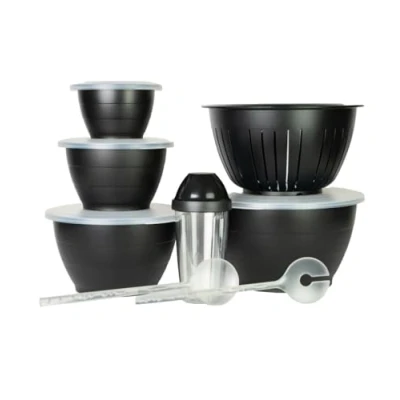 Immagine di Thiru Set di 8 Ciotole per Insalata Colore Nero con Coperchio Pezzi, 0,6 l, 1,3 2,5 4,4 6,5 l Coperchio, colino, Posate Senza BPA