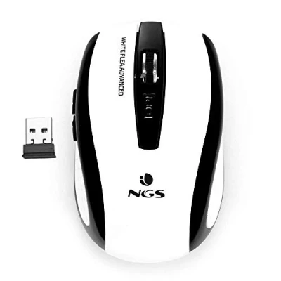Immagine di NGS FLEA ADVANCED WHITE Mouse Ottico Senza Fili 2.4GHz, USB per Ordinatore o Laptop Con 5 Pulsanti e Scroll, 800/1600dpi, Bianco Nero