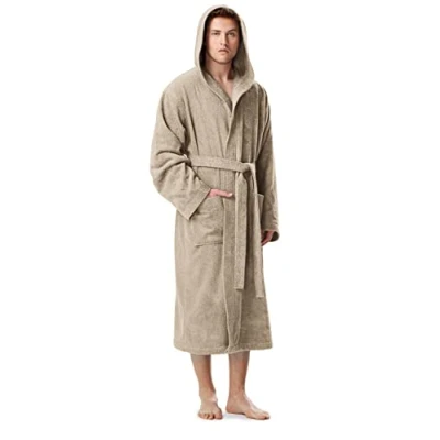Immagine di Arus Pacific Accappatoio da uomo con cappuccio, lunghezza al polpaccio, 100% cotone spugna, Taglia uomo: L, unisex: L XL, Latte