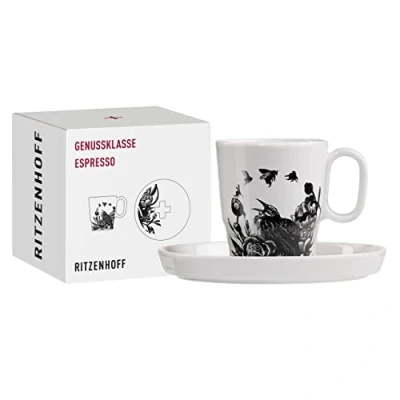 Immagine di Ritzenhoff 3721001 Tazza da caffè 95 ml, serie Genussklasse n. 1, set con piattino, in porcellana, design nero, bianco