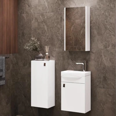 Immagine di Planetmöbel set da bagno completo di base 40 cm con lavabo, mobile a specchio e 1x midi in bianco, per 4 pezzi.