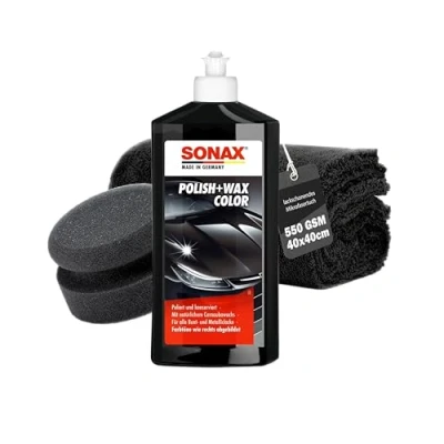 Immagine di set lucidante per auto, Sonax Polish &amp; Wax Color nero, 500 ml, spugna lucidatura + panno lucidatura, pasta vernici colorate e metalliche la rimozione di piccoli graffi,