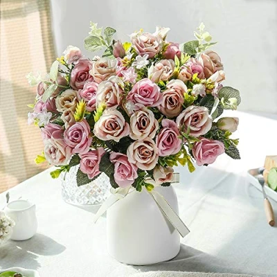 Immagine di LESING Rosa artificiale in seta con vaso fiori finti per matrimoni, bouquet di fiori, decorazione la casa, l&#039;ufficio, feste, centrotavola (viola)