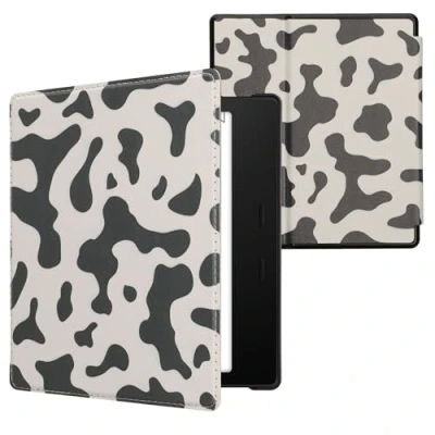 Immagine di kwmobile Custodia eReader Compatibile con Amazon Kindle Oasis 10. Generation Cover eBook Reader Flip Case nero/bianco Stampa Mucca