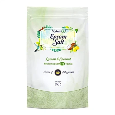 Immagine di Nortembio Sali di Epsom 850 g. da Bagno Profumati Limone E Cocco. Solfato Magnesio Idratato con Vitamina C ed E. Sale per Rilassamento Muscolare Dormire Bene. Book Incluso.