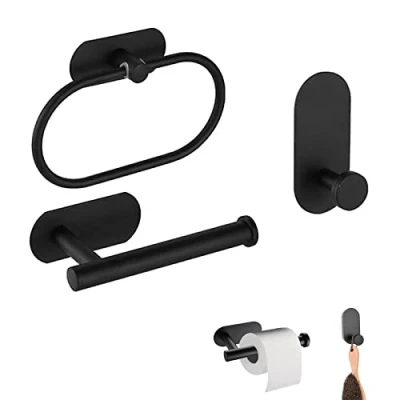 Immagine di Gfamous Set Porta Asciugamano 3 Pezzi Accessori Bagno,Bagno con Barra Portasciugamani,Portasciugamani Porta,Carta Igienica Anello Asciugamano,Gancio da Bagno Autoadesivo,Nero Opaco