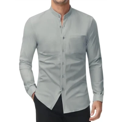 Immagine di DEMEANOR Camicia elasticizzata senza colletto, da uomo, a maniche lunghe, lavoro, slim fit, stiratura, grigio chiaro, M