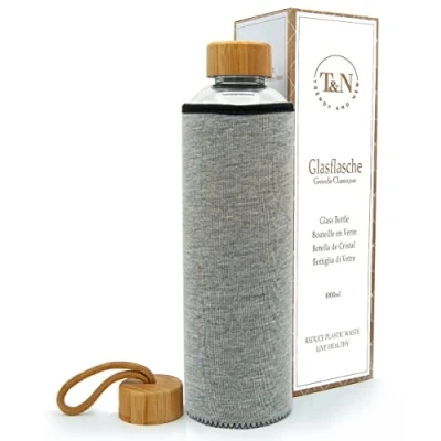 Immagine di T&amp;N Borraccia di vetro da 1 litro, con custodia in neoprene, bottiglia per acqua 1l a prova perdite, borosilicato spesso anidride carbonica
