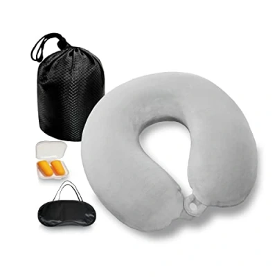 Immagine di NavoX Cuscino da viaggio collo in memory foam di supporto, Maschera per dormire/tappo le orecchie/sacchetto, confezione rapida compatta e leggera campeggio,voli (Grigio)