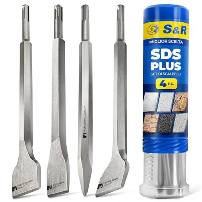 Immagine di S&amp;R Set di 4 Scalpelli SDS Plus per Piastrelle Muratura Calcestruzzo Pietra Trapano Bosch Makita Metabo Dewalt e altre marche