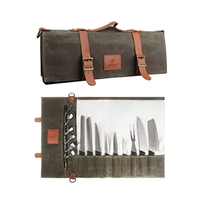 Immagine di FIREDOG Borsa arrotolabile per coltelli (10 tasche), in tela cerata da chef, custodia il trasporto di coltelli, con manico e tracolla (coltelli non inclusi), Verde, Classico