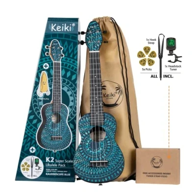 Immagine di Ortega Guitars Soprano Ukulele blu Keiki K2 Starter Kit include Accordatore, Tracolla, 5 Plettri Medi e Borsa con Coulisse blue kaleidoscope (K2SS BKC)