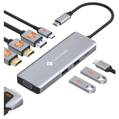 Immagine di Docking station USB C Con Display Quadruplo, NOVOO 8 in 1 laptop Adattatore Doppio Monitor, DP Singolo 8K@30 Hz, HDMI 4K@60 VGA, 3 Porte USB, PD 100W Per MacBook, Dell, HP, Lenovo