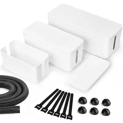Immagine di Lannvan Scatola di Gestione dei Cavi,Set da 3 per Cavi,Scatola Portacavi,Scatola Immagazzinaggio del Filo Nascondere i Cavi Organizzare USB e Multipresa,Bianco