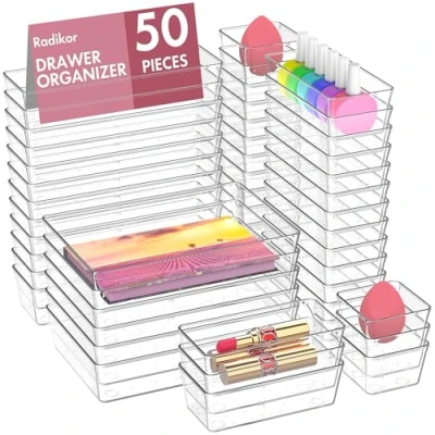 Immagine di Radikor Organizer Cassetti 50 Pezzi, Contenitori per in Plastica Trasparente di 4 Dimensioni, Divisori Impilabili Bagno, Cucina, Trucchi