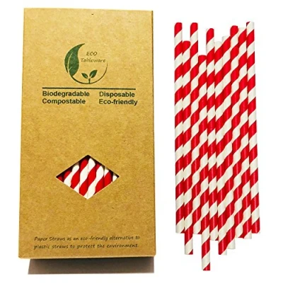 Immagine di 100 Cannucce di Carta Bianche e Rosse, 100% Biodegradabile a Righe Bianco Rosse per Festa Natale Decozione