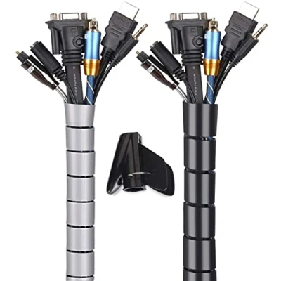 Immagine di Raccogli Cavi 2 Pezzi, MOSOTECH 2x3m Guaina per Flessibile Nascondi Copricavi TV/Computer/Audio Manicotti Protezione(2.6cm Ø et 2.2cmØ)，Nero e Grigio