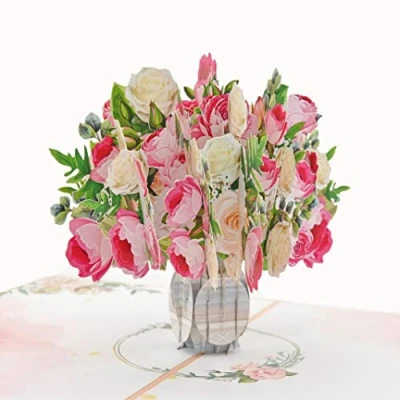 Immagine di Favour Pop Up® Biglietto 3D un bellissimo bouquet di fiori in vaso, per compleanno, una convalescenza o come dolce augurio. Con inserto cartoncino su cui scrivere. TF090