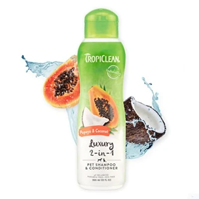 Immagine di TropiClean Shampoo e balsamo per Cani 2 in 1 Gatti derivato da ingredienti Naturali utilizzato dai toelettatori Papaya Cocco, 355 ml