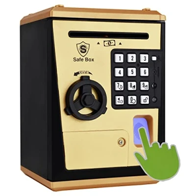 Immagine di Fimleiy Cassaforte per Bambini con Serratura a Combinazione di 4 Cifre e Riconoscimento dell&#039;Impronta Digitale Regalo Perfetto Compleanni, Natale Festività (Colore Oro)