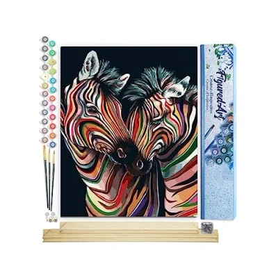 Immagine di Figured&#039;Art Dipingere con i Numeri Paint by Numbers Coppia Di Zebre Colorate, Passatempo per Adulti, Kit Completo, Hobby Creativi 40x50cm cornice in legno fai da te