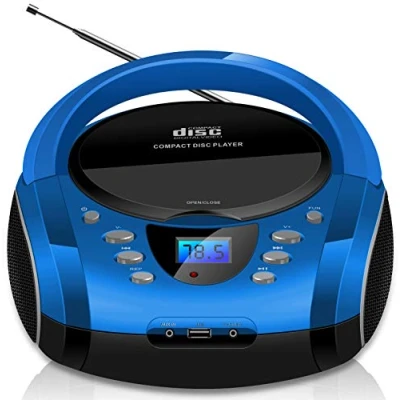 Immagine di Boombox portatile, lettore CD/CD R, USB, radio FM, ingresso AUX, jack per cuffie, impianto stereo compatto, colore: blu (Cobalt Blue)
