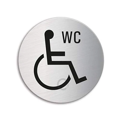 Immagine di Cartello Toilette WC Disabili Targhette Targa acciaio inox Ø 75 mm autoadesivo Ofform Design Originale No.8477