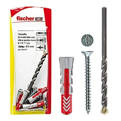 Immagine di Fischer 4 Tasselli Duopower con Vite e 1 Punta Trapano, 10 x 50 mm, per Muro pieno, Mattone Forato, Cartongesso, 537638