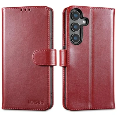 Immagine di Lensun Cover in Vera Pelle per Samsung Galaxy S25 Plus 5G, Custodia [RFID Blocking] Libro con Portafoglio Chiusura Magnetico Flip Custodie Cuoio Telefono Vino rosso