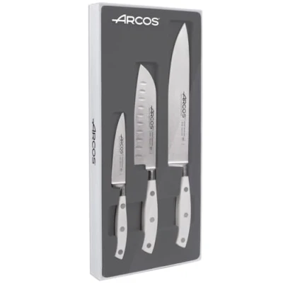 Immagine di Arcos Riviera Blanc Set coltelli da Cucina (3 Pezzi) Maniglia in Acciaio Inossidabile forgiato Pom Colore Bianco