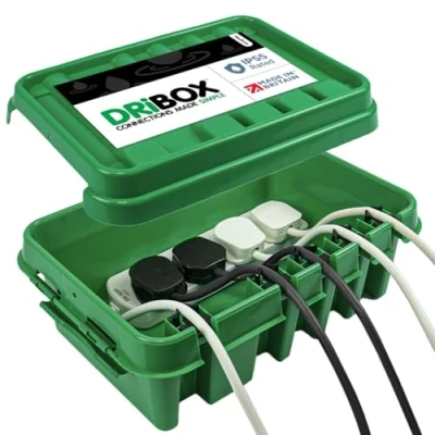 Immagine di DRiBOX Scatola di connessione elettrica da esterno resistente alle intemperie IP55, per luci Natale, timer, cavi prolunga, bobine e trasformatori (Medio, Verde)