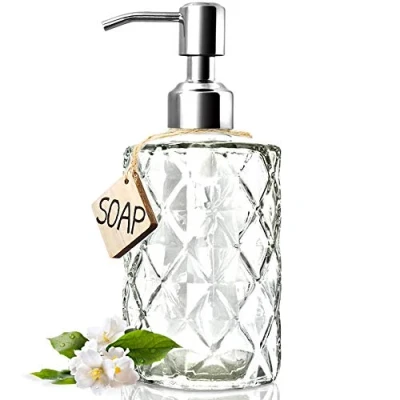 Immagine di Jasai Diamond Design dispenser per sapone in vetro trasparente, da 340 ml, con pompa acciaio inox 304 antiruggine, bagno e cucina di mani, detergente, lozione ecc.