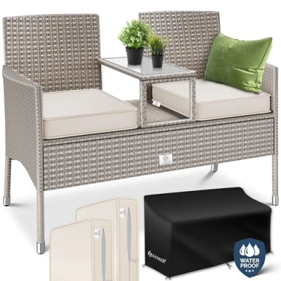 Immagine di KESSER® Panca da giardino in polyrattan con tavolo integrato + cuscini, 2 posti, 133 x 55 84 cm, rattan, Giardino, Balcone, Divano Resistente alle intemperie, Grigio