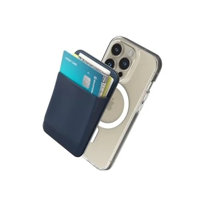Immagine di Sinjimoru [2022 Updated iPhone 14 Basic Magnetic Wallet for Apple Magsafe, Stretchy Fabric Cell Phone Card Holder Back of 12, 13 &amp; Series. M Navy