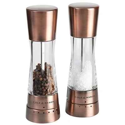 Immagine di Cole &amp; Mason H59418G Derwent Rame Macina Sale e Pepe, Ceramica Regolabile Macinino, Macinaspezie, Acciaio inossidabile, Acrilico, 190mm, Pacco Regalo, Include 2 x Mulini