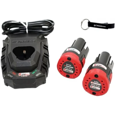 Immagine di HEADNMORE® Set di batterie Parkside® 12 V/2 Ah, 2 PAPK A4 Ah + 1 caricatore PLGK A3 portachiavi
