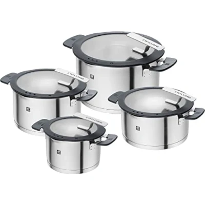 Immagine di ZWILLING Simplify Set di pentole in acciaio inox, 4 Pezzi, Con fori integrati nel coperchio, Anche per piani a induzione, Argento Nero
