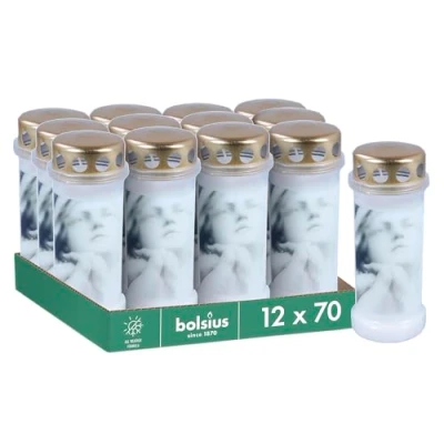 Immagine di Bolsius Lumini funerali Bianco Set da 12 pezzi Lunghezza Durata 70 Ore Candela Funebre &amp; Memoriale Bruciatore Permanente Con Motivo Non Profumato Senza Olio di Palma Nr. 6