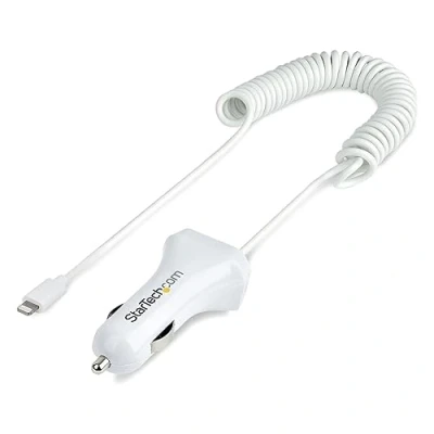 Immagine di StarTech.com Caricatore da auto USB con cavo Lightening a spirale integrato 1m; Adattatore accendisigari 2 porte per Cellulari/Tablet/iPhone; Carica Batterie 12W, Bianco (USBLT2PCARW2)
