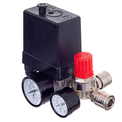 Immagine di Regolatore di pressione 400 V con interruttore a pressione, 2 indicatori misurazione da 0 12 bar, filettatura interna 1/4&quot;, pressostato per compressore V, riduttore