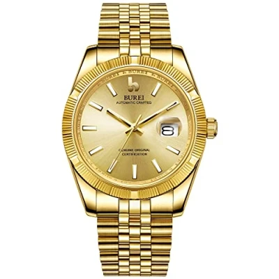 Immagine di BUREI Mens Automatic Orologi quadrante calendario analogico vetrino con lenti in cristallo di zaffiro cinturino acciaio inossidabile