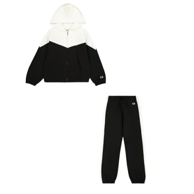 Immagine di Champion Legacy Script Shop G (405046) Ultra Light Soft Compact Powerblend Fleece Color Block Hooded Tuta Sportiva, Nero/Marshmallow (NBK/STR), 7 8 Anni Bambina