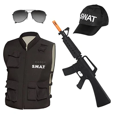 Immagine di Boland Set SWAT per adulti, nero, bianco, camicetta, gilet, cappello e occhiali, arme, giacca, basecap, occhiali da sole, costume, carnevale, feste a tema