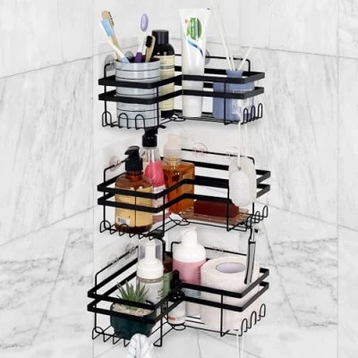 Immagine di Belle Vous 3 Pezzi Mensola Angolare Doccia con Ganci Set di Mensole Adesive da Bagno Senza Foratura in Ferro Per Sapone, Shampoo o la Cucina